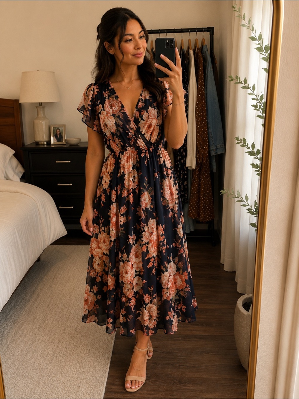 Black Floral Wrap Maxi Dress with Coral Blooms